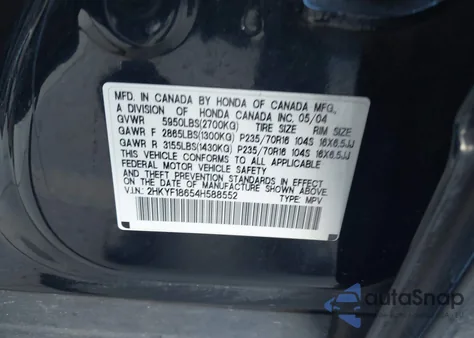 2004 Honda Pilot Ex-L from USA, damaged, VIN 2HKYF18654H588552